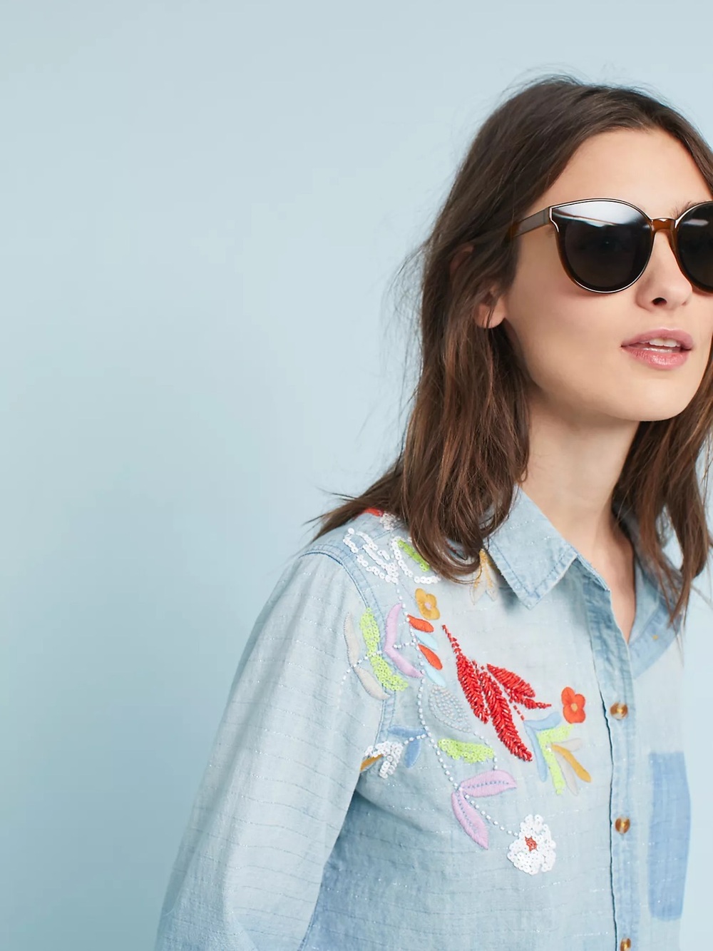 MAEVE ANTHROPOLOGIE Embroidered Sequin  Denim Chambray Button Down Floral - Picture 3 of 10